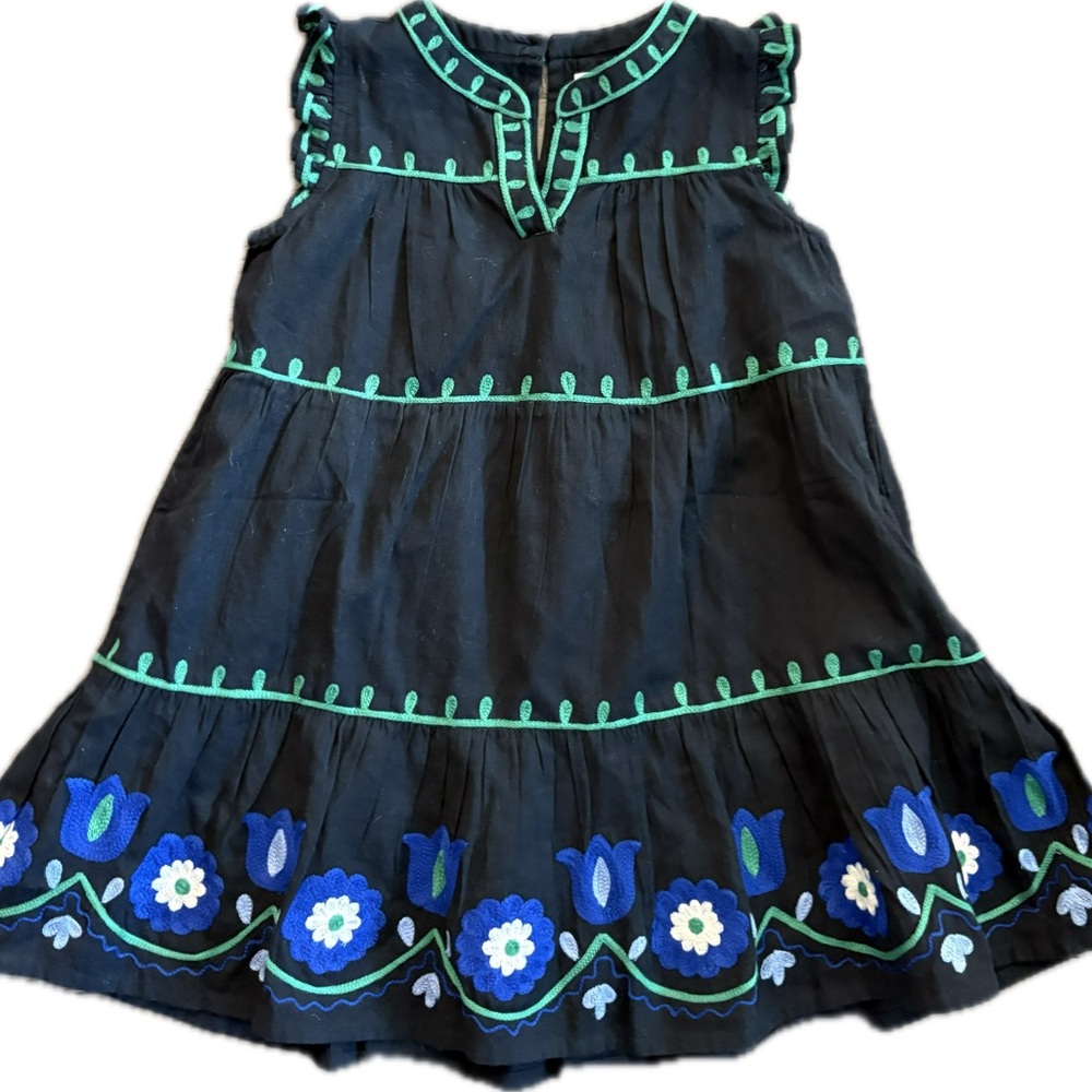 Roller Rabbit Black Pocet Dress with Blue & Green Floral Embroidery